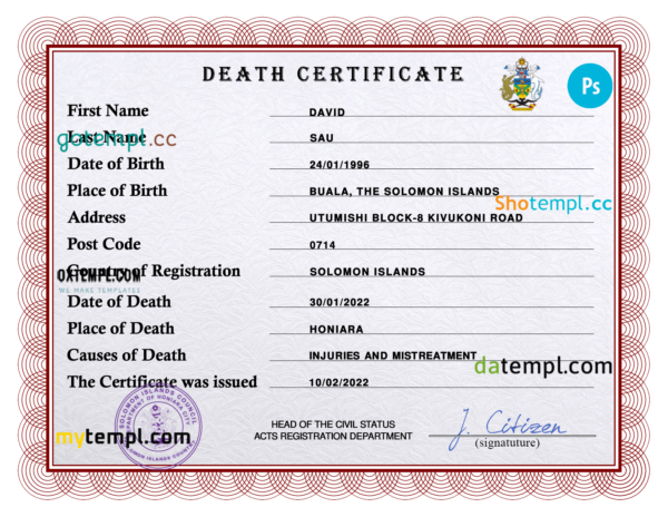 editable template, Solomon vital record death certificate PSD template, fully editable