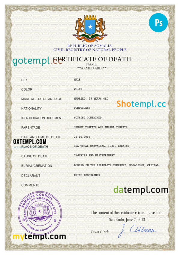 editable template, Somalia vital record death certificate PSD template, completely editable