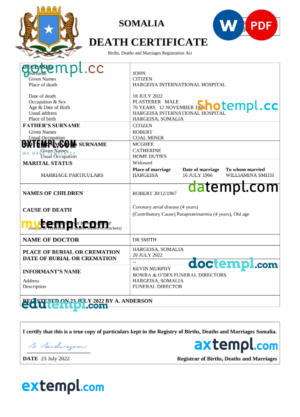 editable template, Somalia vital record death certificate Word and PDF template