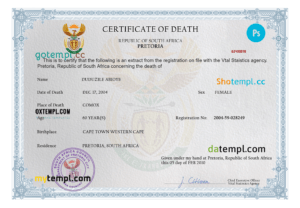 editable template, South Africa death certificate PSD template, completely editable
