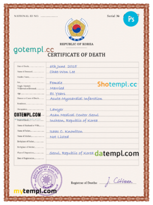 editable template, South Korea vital record death certificate PSD template