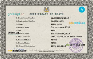 editable template, South Sudan death certificate PSD template, completely editable