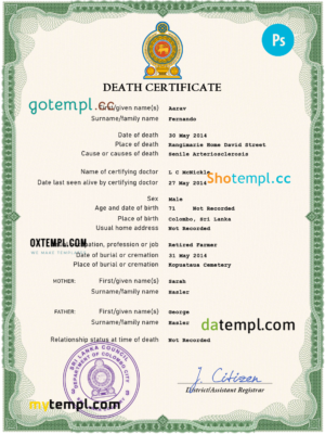 editable template, Sri Lanka vital record death certificate PSD template