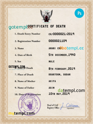 editable template, Sudan death certificate PSD template, completely editable