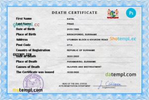 editable template, Suriname vital record death certificate PSD template, completely editable