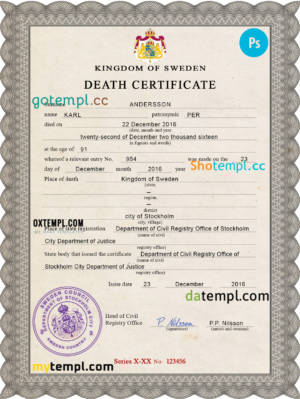 editable template, Sweden vital record death certificate PSD template, fully editable