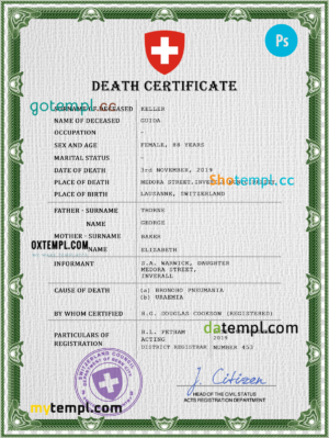 editable template, Switzerland death certificate PSD template, completely editable