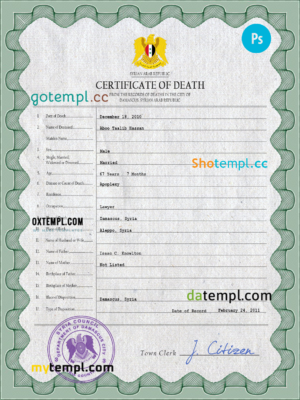 editable template, Syria vital record death certificate PSD template