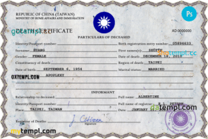 editable template, Taiwan death certificate PSD template, completely editable