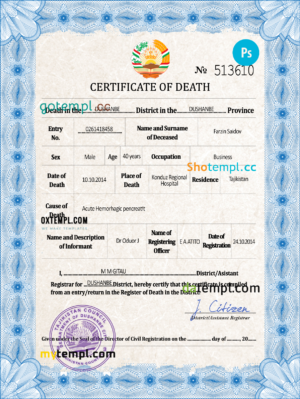 editable template, Tajikistan vital record death certificate PSD template, completely editable