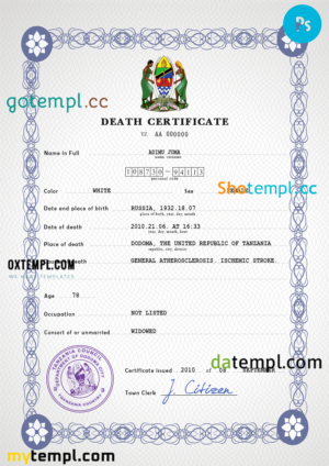 editable template, Tanzania vital record death certificate PSD template, fully editable