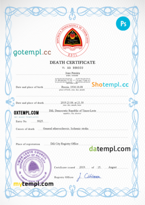 editable template, Timor-Leste vital record death certificate PSD template