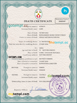 editable template, Togo death certificate PSD template, completely editable