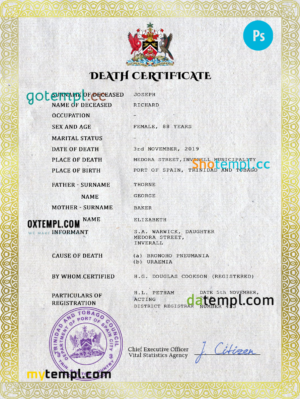 editable template, Trinidad and Tobago vital record death certificate PSD template, completely editable