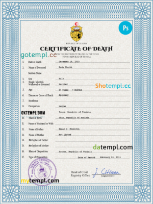 editable template, Tunisia vital record death certificate PSD template, fully editable