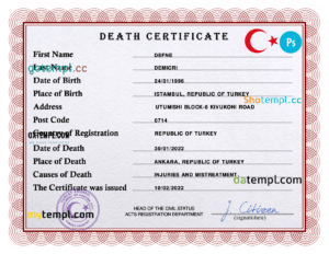 editable template, Turkey death certificate PSD template, completely editable