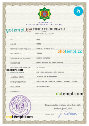 editable template, Turkmenistan death certificate PSD template, completely editable