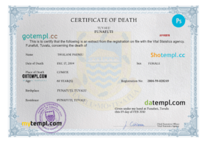 editable template, Tuvalu vital record death certificate PSD template, completely editable