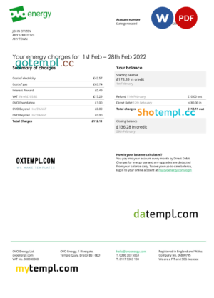 editable template, United Kingdom Ovo Energy electricity bill, Word and PDF template