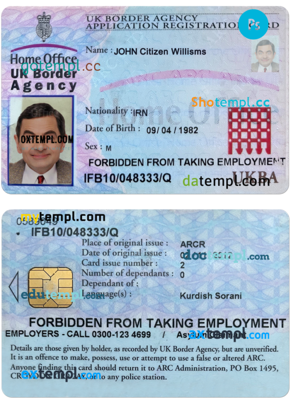 editable template, UNITED KINGDOM border agency application registration card PSD template