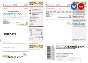 editable template, USA Mississippi Power utility bill, Word and PDF template, 2 pages