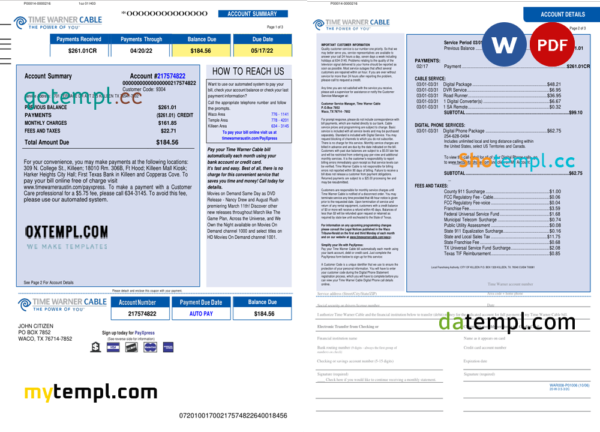 editable template, USA Time Warner Cabel utility bill, Word and PDF template, 3 pages