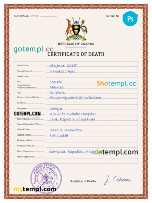 editable template, Uganda vital record death certificate PSD template, fully editable