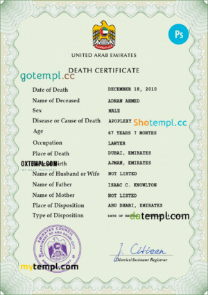 editable template, United Arab Emirates vital record death certificate PSD template, completely editable