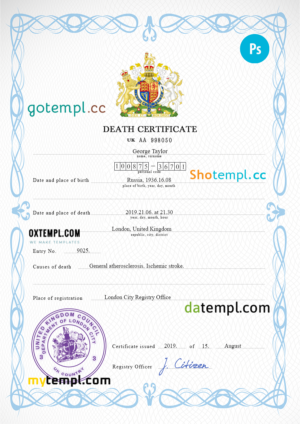 editable template, United Kingdom death certificate PSD template, completely editable