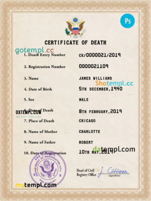 editable template, United States of America vital record death certificate PSD template