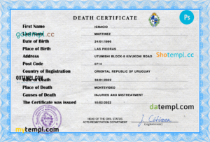 editable template, Uruguay vital record death certificate PSD template, fully editable
