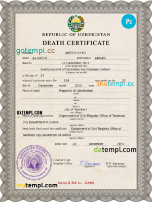 editable template, Uzbekistan death certificate PSD template, completely editable