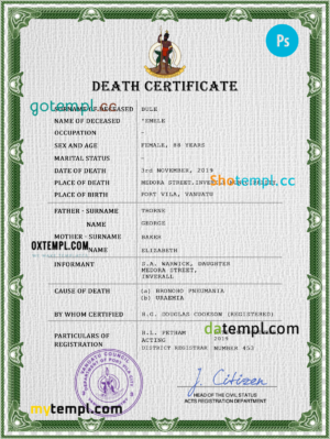 editable template, Vanuatu vital record death certificate PSD template, completely editable
