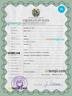 editable template, Venezuela vital record death certificate PSD template, fully editable