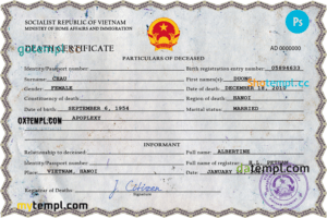 editable template, Vietnam death certificate PSD template, completely editable