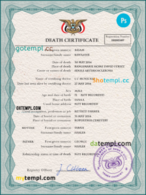 editable template, Yemen vital record death certificate PSD template, fully editable