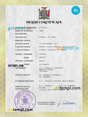 editable template, Zambia vital record death certificate PSD template