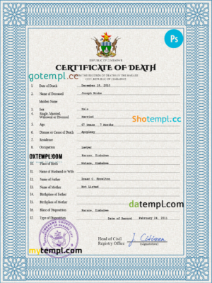 editable template, Zimbabwe death certificate PSD template, completely editable