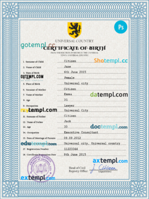 editable template, # alpha awards universal birth certificate PSD template, completely editable