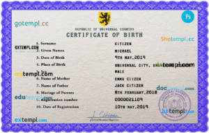 editable template, # bold universal birth certificate PSD template, completely editable