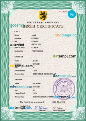editable template, # broadcast variety universal birth certificate PSD template, completely editable