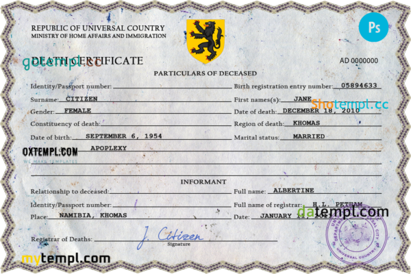 editable template, # click vital record death certificate universal PSD template