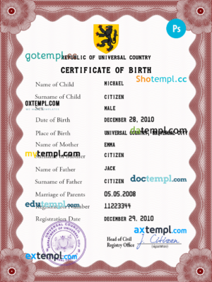 editable template, # disclosure universal birth certificate PSD template, fully editable