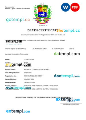 editable template, Venezuela vital record death certificate Word and PDF template