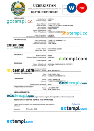 editable template, Uzbekistan vital record death certificate Word and PDF template