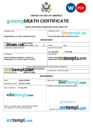 editable template, USA vital record death certificate Word and PDF template