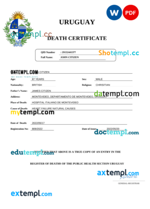 editable template, Uruguay death certificate Word and PDF template, completely editable