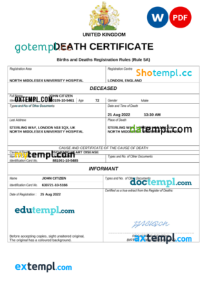 editable template, United Kingdom vital record death certificate Word and PDF template