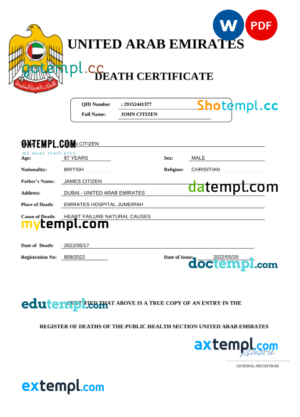 editable template, UAE vital record death certificate Word and PDF template