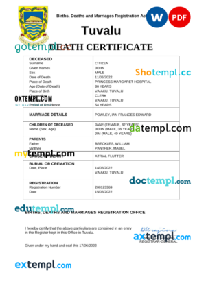 editable template, Tuvalu vital record death certificate Word and PDF template